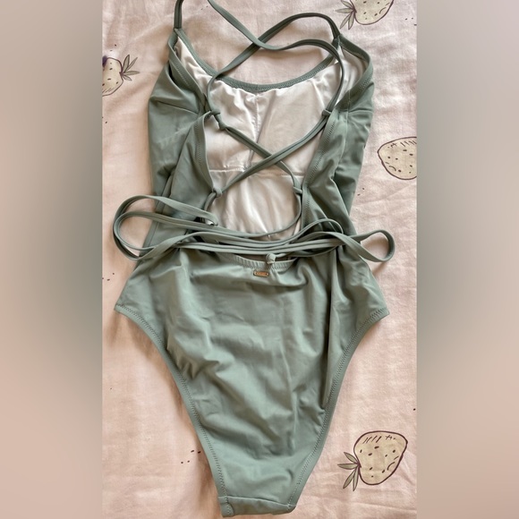 PINK by Victoria’s Secret one piece swimsuit cross strap back grayish blue sz L - Picture 4 of 6